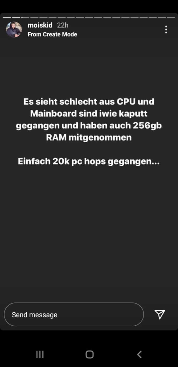 Mois gibt via Instagram Story das Ende seines 20.000 Euro teuren PCs bekannt