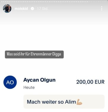 Eine Spende, die Mois in seiner Instagram Story veröffentlicht hatte