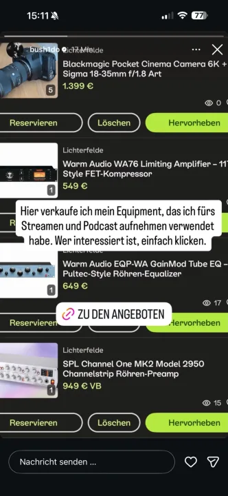 Instagram-Story von Bushido mit seinen Kleinanzeigen-Inseraten für Kamera, Kompressor, Röhren-EQ und Channelstrip